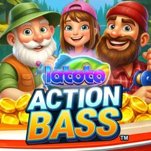 Tampilan antarmuka permainan slot Action Bass dengan tema memancing yang cerah